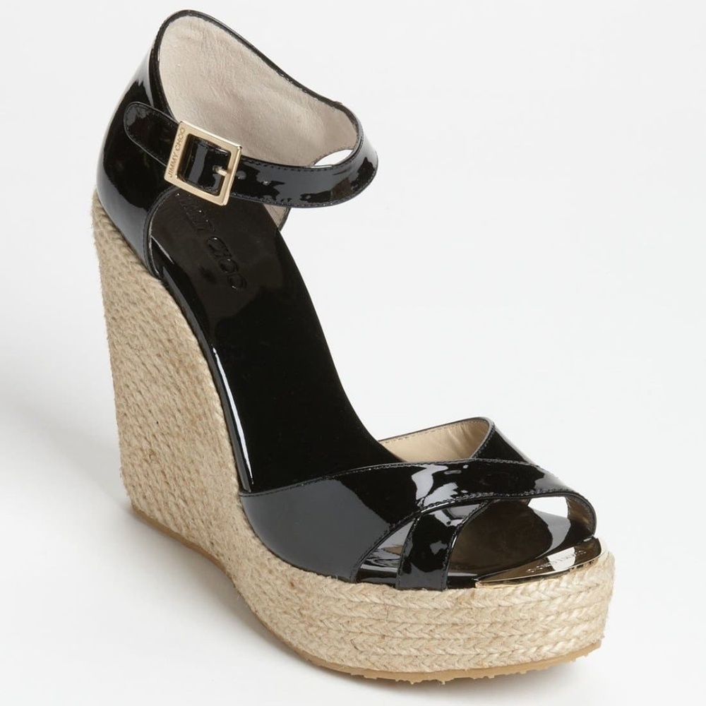Jimmy Choo 'Pallis' Black Patent Leather Espadrille Wedge w/ Gold Tone